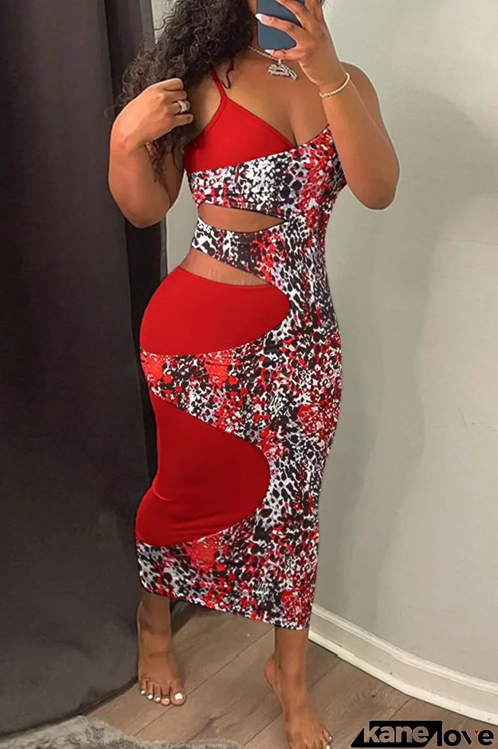 Red Sexy Print Hollowed Out Patchwork Spaghetti Strap One Step Skirt Dresses