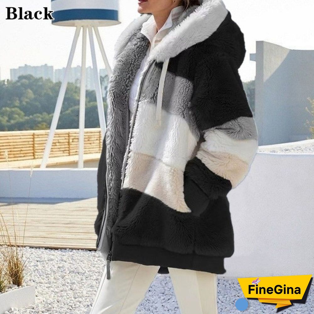 New Winter Women's Jacket Hooded Warm Plush Loose Jacket for Women Patchwork Winter Outerwear Faux Fur Zipper Ladies Parka Coat Plus Size
