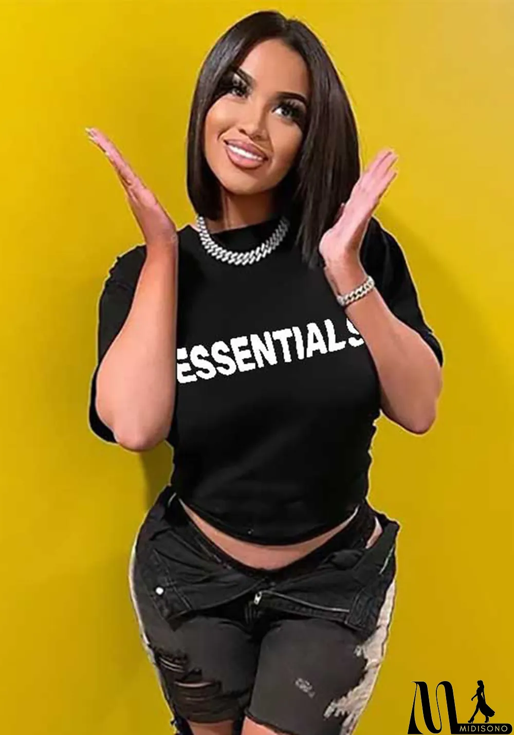 MidiSono - Spring Summer Women's Fashion Printing Black T-Shirt Short Sleeve Women's Top Basic Shirt