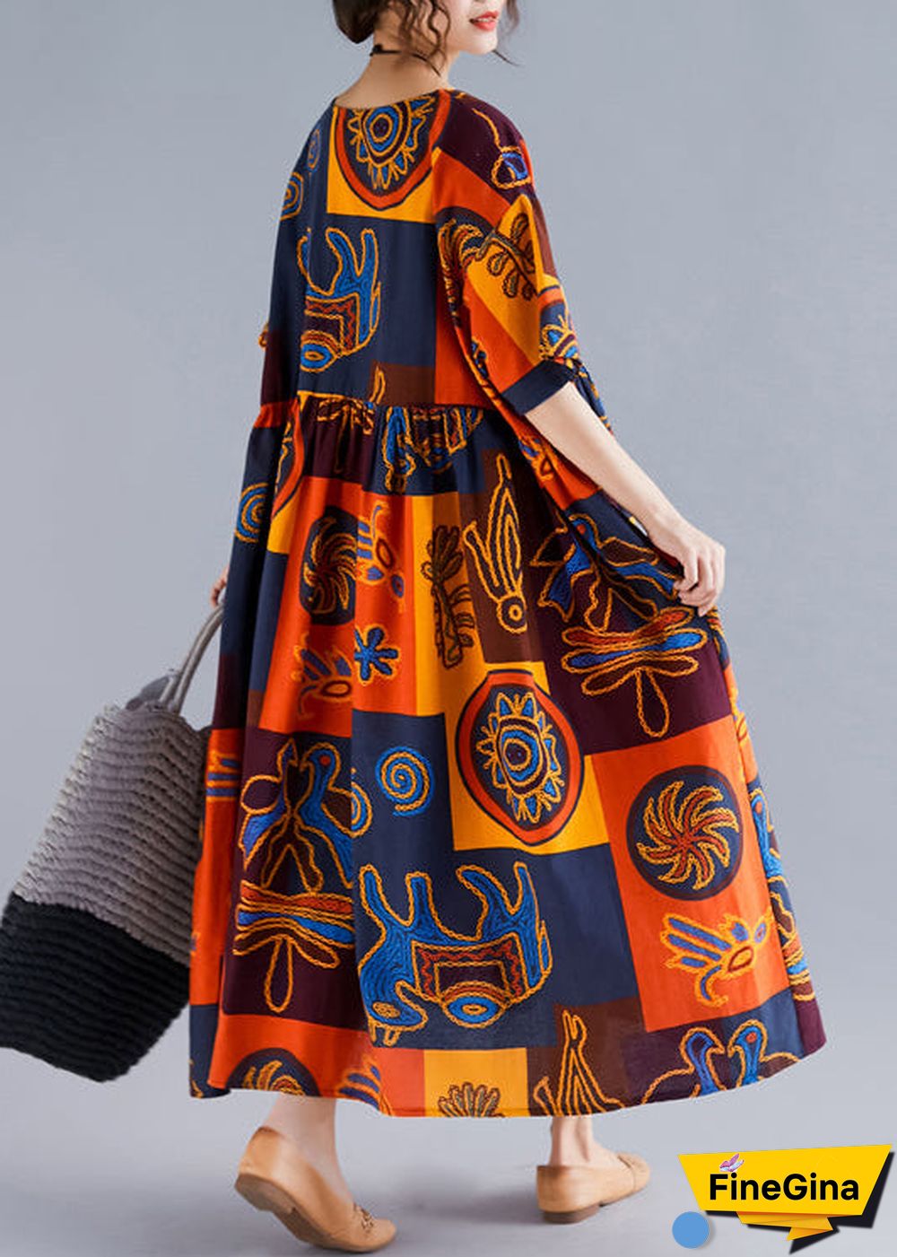 Women floral linen Robes Pakistani Wardrobes o neck Cinched Art Summer Dresses