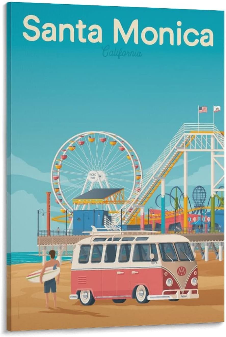 Vintage Santa Monica Travel Amusement Park Beach Surfing Art Posters Modern Posters Prints Painting Pictures Wall Decor Gifts, Canvas Wall Art for Living Room Wall Office Home or Bedroom 16x24inch(40x60cm)