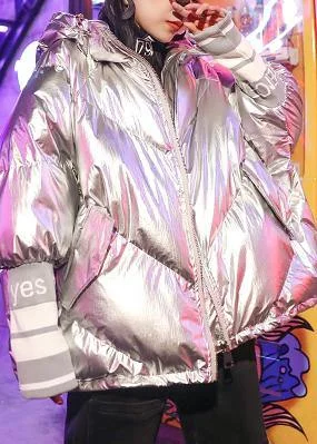 Fine silver gray print women parka oversize down jacket hooded zippered overcoat