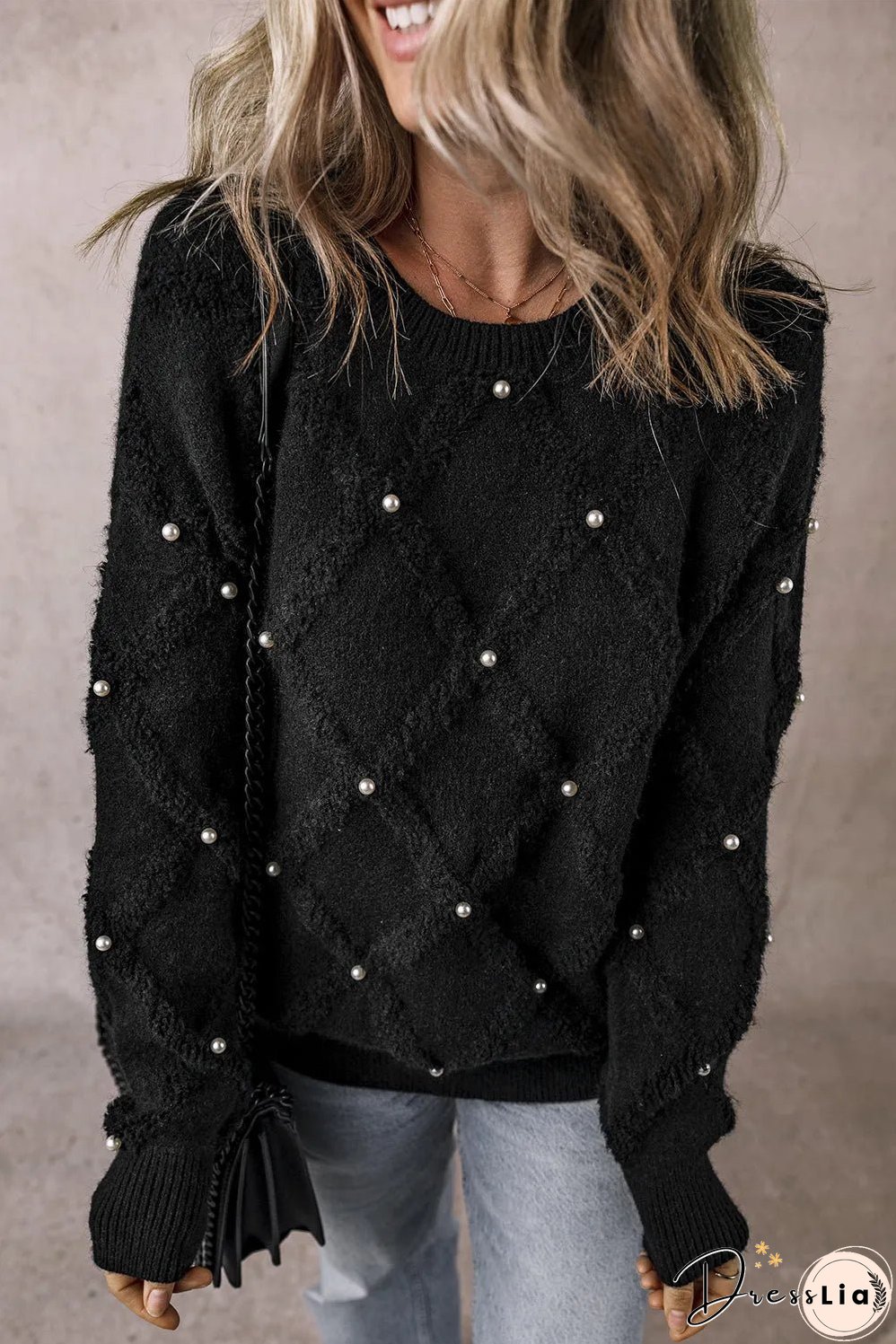 Black Pearl Embellished Rhombus Pattern Sweater