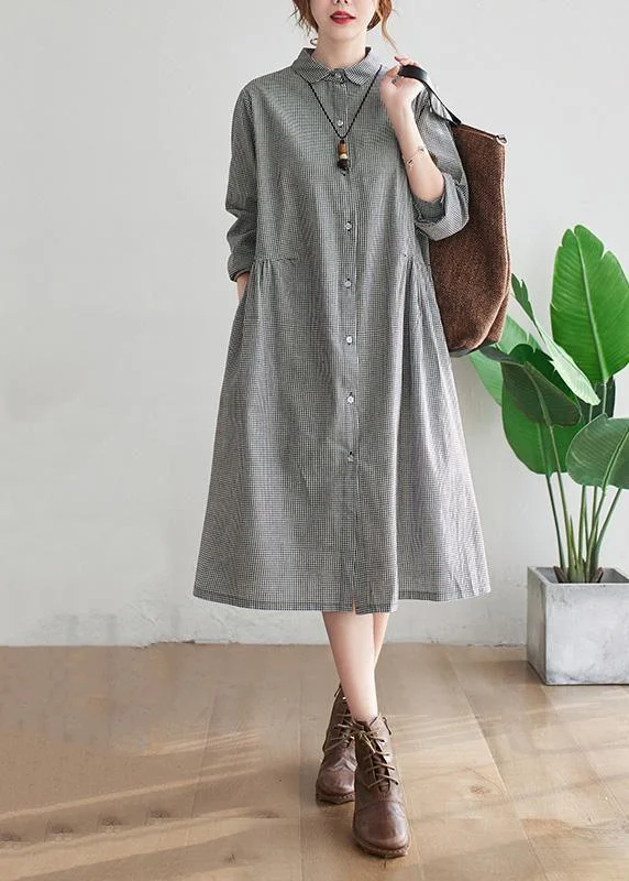 Bohemian Black Plaid Tunics For Women Lapel Cinched Plus Size Spring Dresses ( Limited Stock)