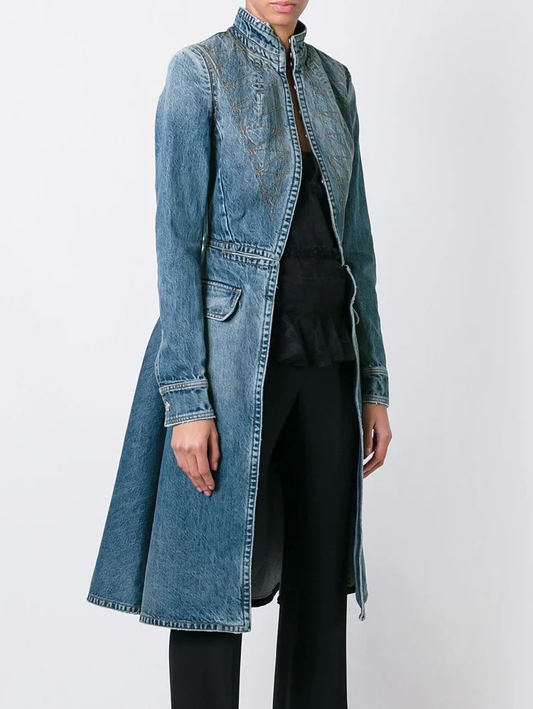 Casual Stand Collar Single-Breasted Pocket Denim Coat