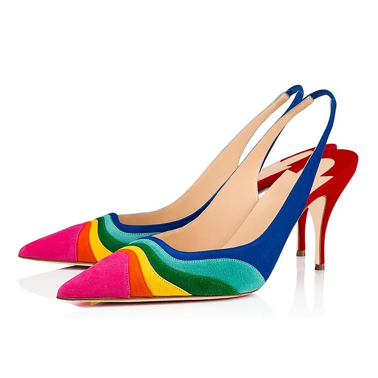 Multicolor Vegan Suede Pointy Toe Stiletto Heel Slingback Pumps |FSJ Shoes