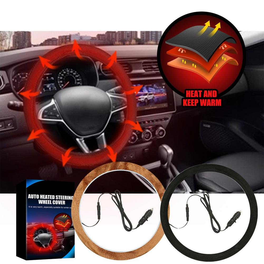 12V Heated Steering Wheel Cover - Brown Microfiber Leather Steering Wheel Cover W/ Anti-Slip Suede Finish Black