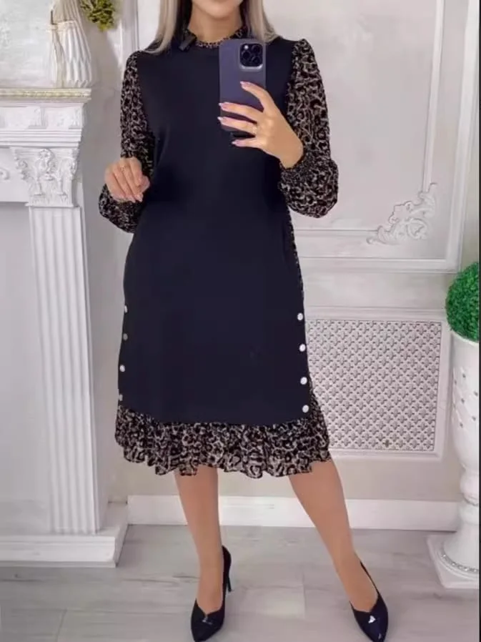 ✨Leopard Color Blocking Mock Neck Knee Length Dress
