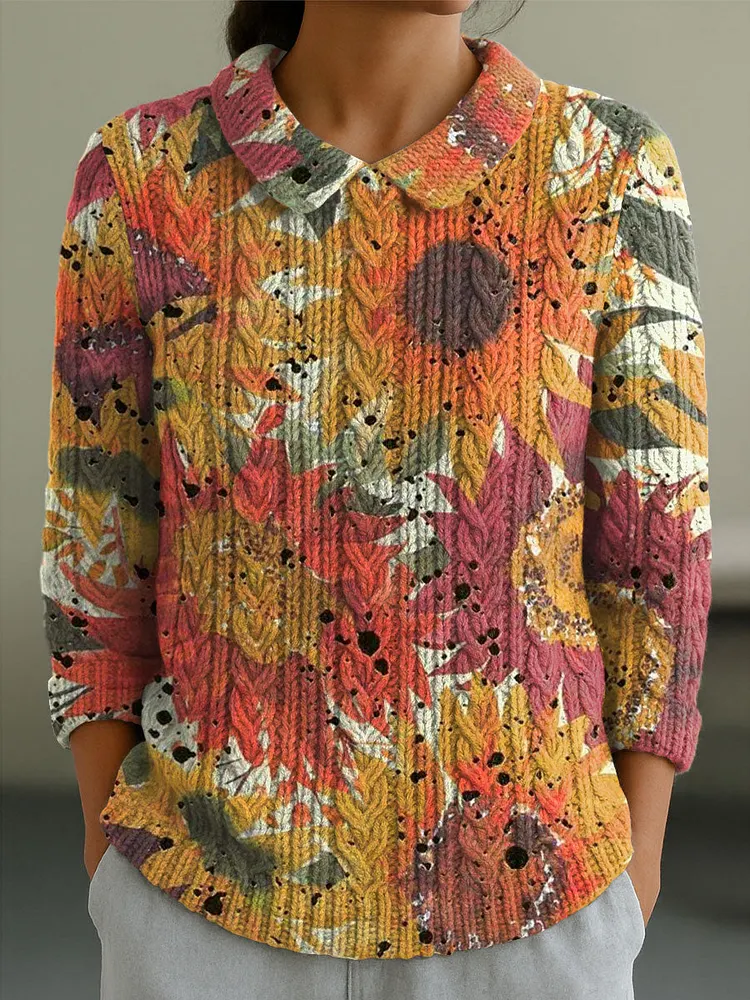 Women's Vintage Floral Sunflower Art Print Casual Peter Pan Collar 3/4 Sleeve Sweater
