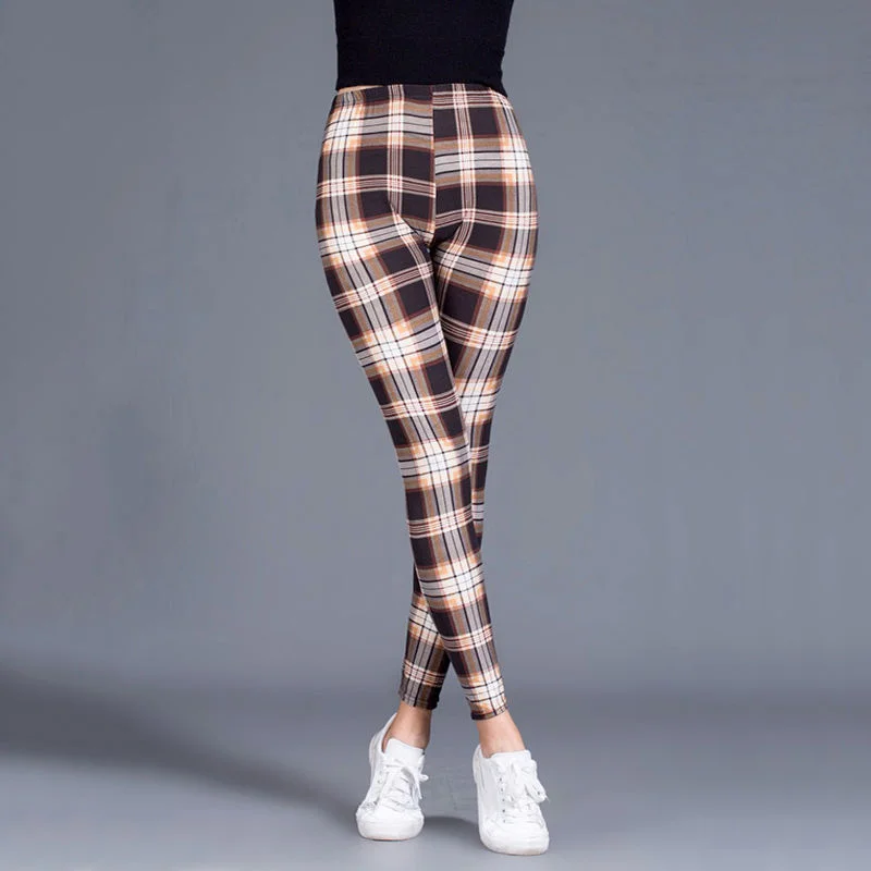 CUHAKCI Female Fitness Leggings Women Print Plaid Leggings Lady Sexy Slim Pencil Pants Push Up Elastic Waist Trousers
