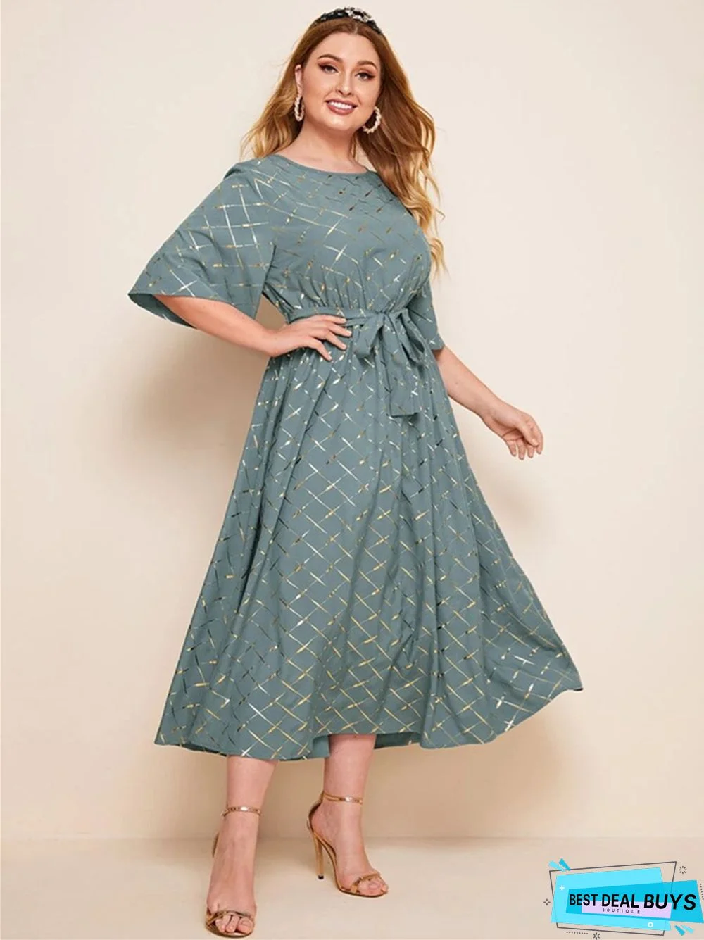 Large Women's Round Neck Robe Fashion Temperament Bronzing Print Dress