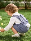 Baby Easter Outfit Denim Overall Pants Bunny Ear Romper with Pom Pom Tail Jeans Jumpsuit Cute Rabbit Ear Overalls for Toddler Boy Girl