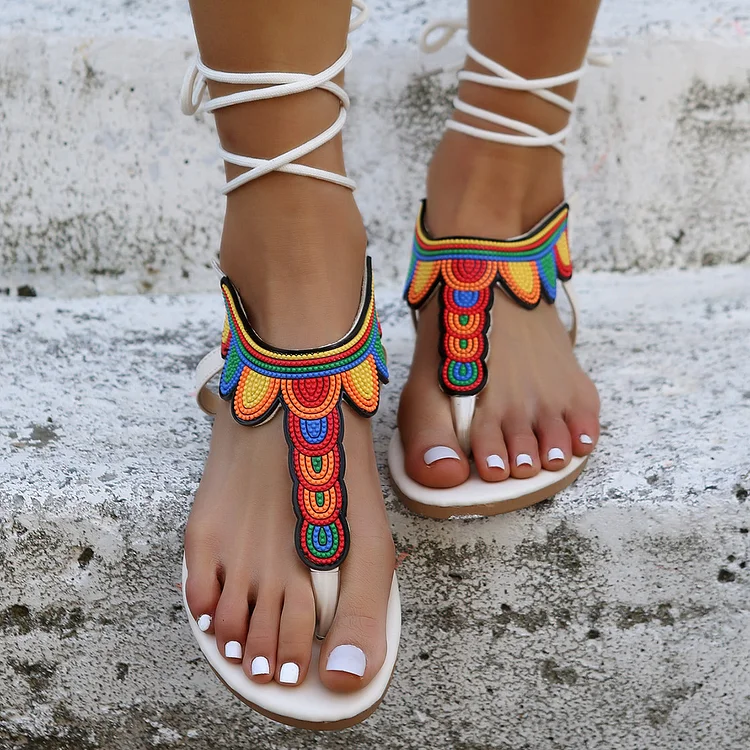 White Flat Flip Flops Sandals Lace Up Ankle Strappy Sandals