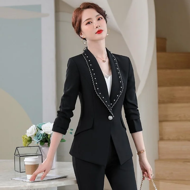 Women Pants Suit Uniform Designs Formal Style Office Lady Bussiness Attire Spring and Autumn Long Sleeve Beaded Fashion Suit