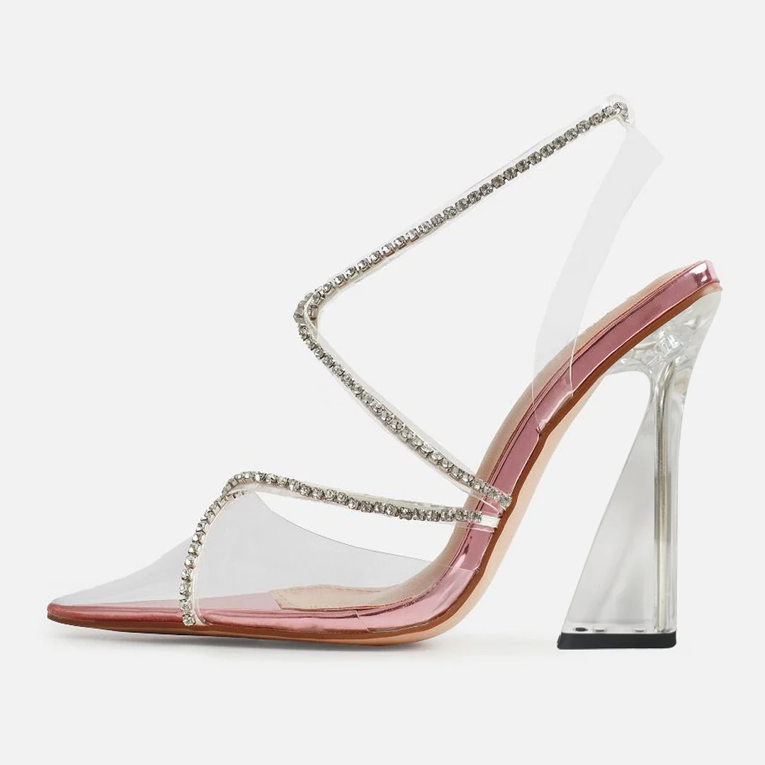 Pink Clear Closed Pointed Toe Rhinestone Strappy Pumps With Decorative Heels Nicepairs