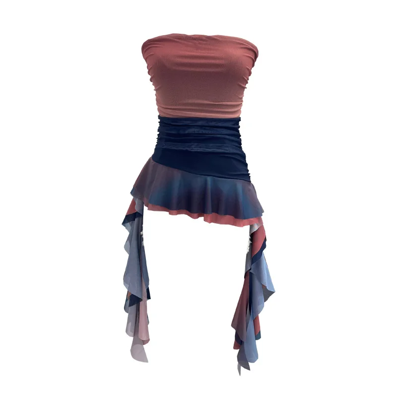 Uveng Irregular Bra Vest Wearing A Gradient Mesh Yarn Leaf Side Ribbon Bottom Sleeveless Top Lady 9931