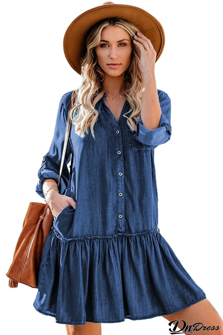 Pocketed Ruffled Denim Shirt Mini Dress