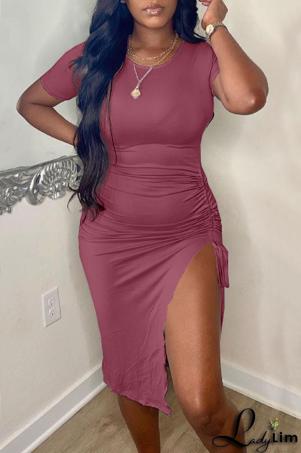 Fuchsia Fashion Casual Solid Draw String Frenulum Slit O Neck Short Sleeve Dress