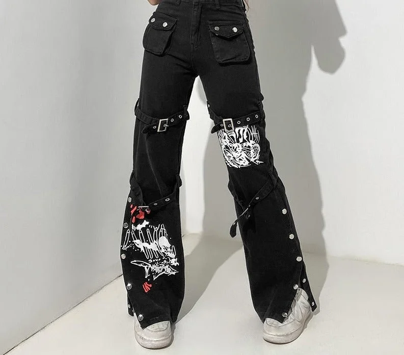 Graduation Gifts  Gothic Printed Jeans Casual Cool Streetwear Dark Loose Low Waisted Wid Leg Pants Women Fashion Trousers Autumn Winter
