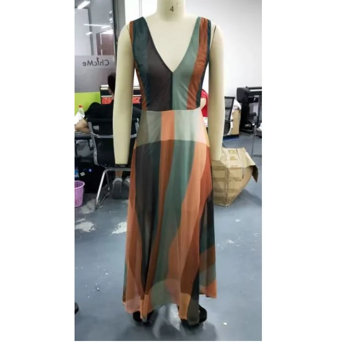 Wongn Wongn Temperament Commuter V Collar Sling Sleeveless Color Color Print Long Waist Dress