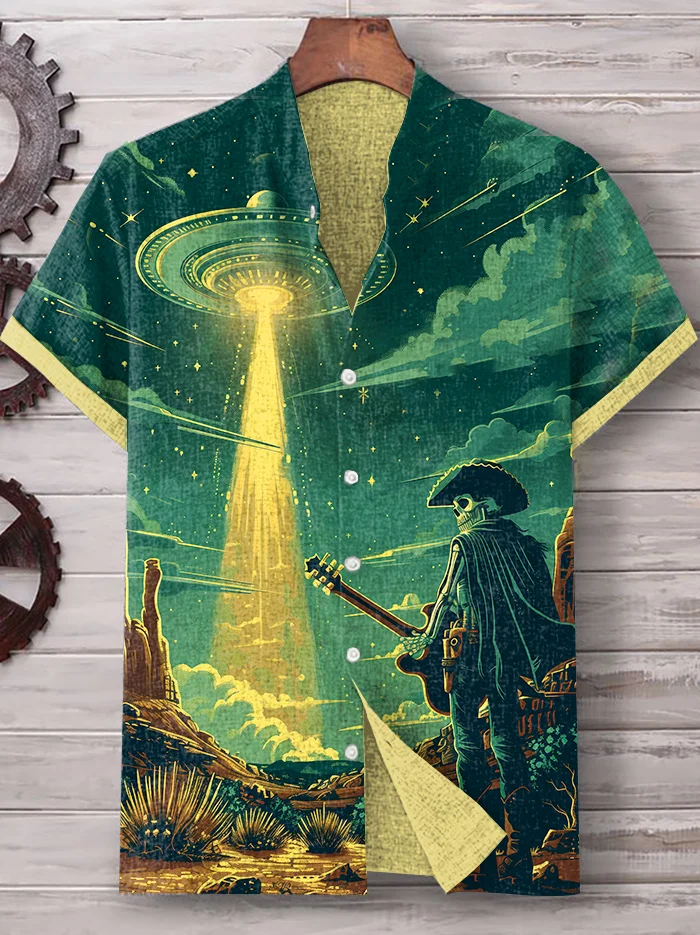 Men's Western Skeleton Guitarist UFO Print Casual Shirt
