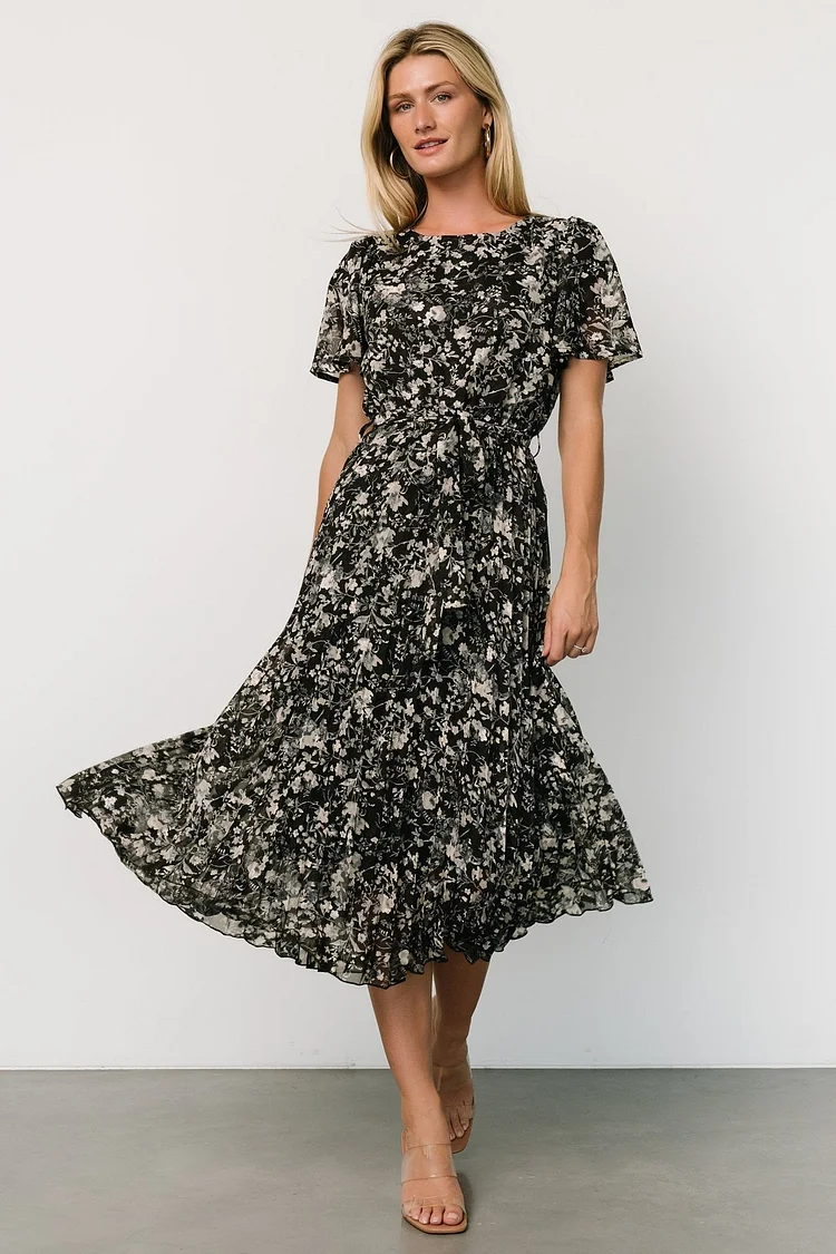 Elegant Pleated Midi Dress - Black and Slate