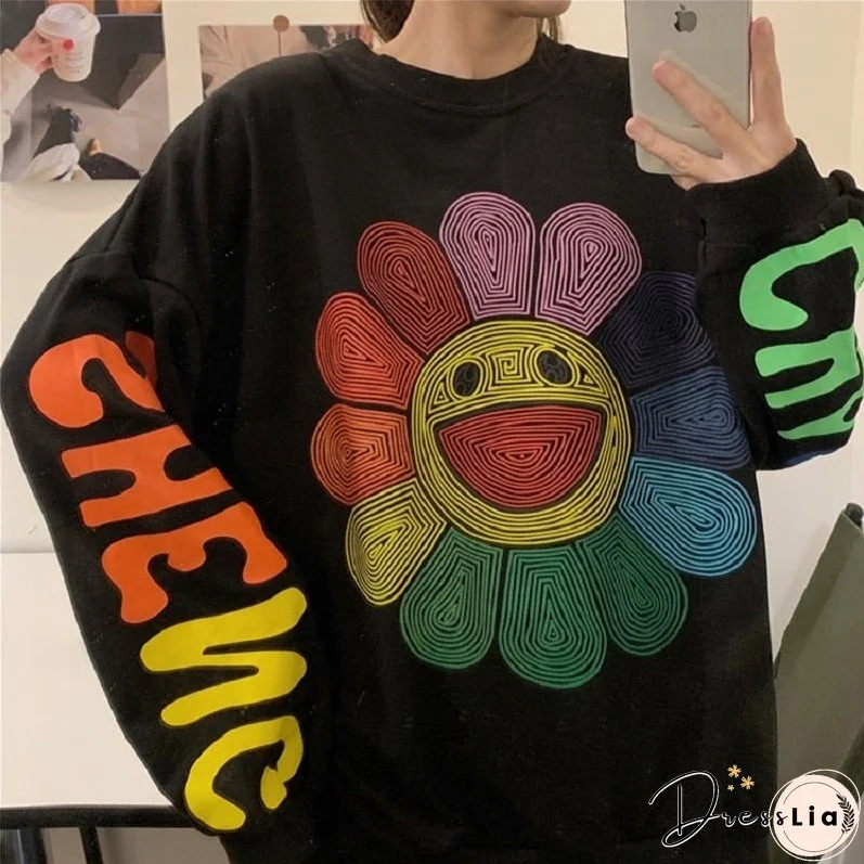 Christmas Gift QWEEK Harajuku Rainbow Hoodie Women Sunflower Print Crewneck Sweatshirt Streetwear Y2k Korean Fashion Long Sleeve Pullover Chic