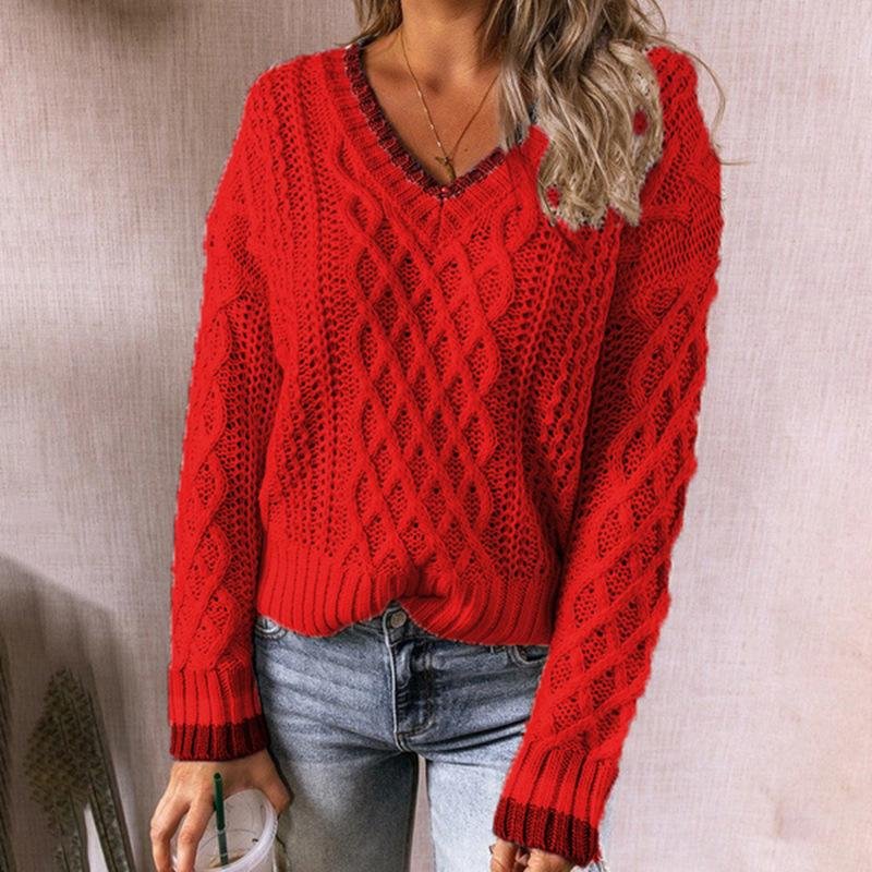 Casual Multicolor Stitched Twist V-neck Knitted Long Sleeved Sweater | EGEMISS
