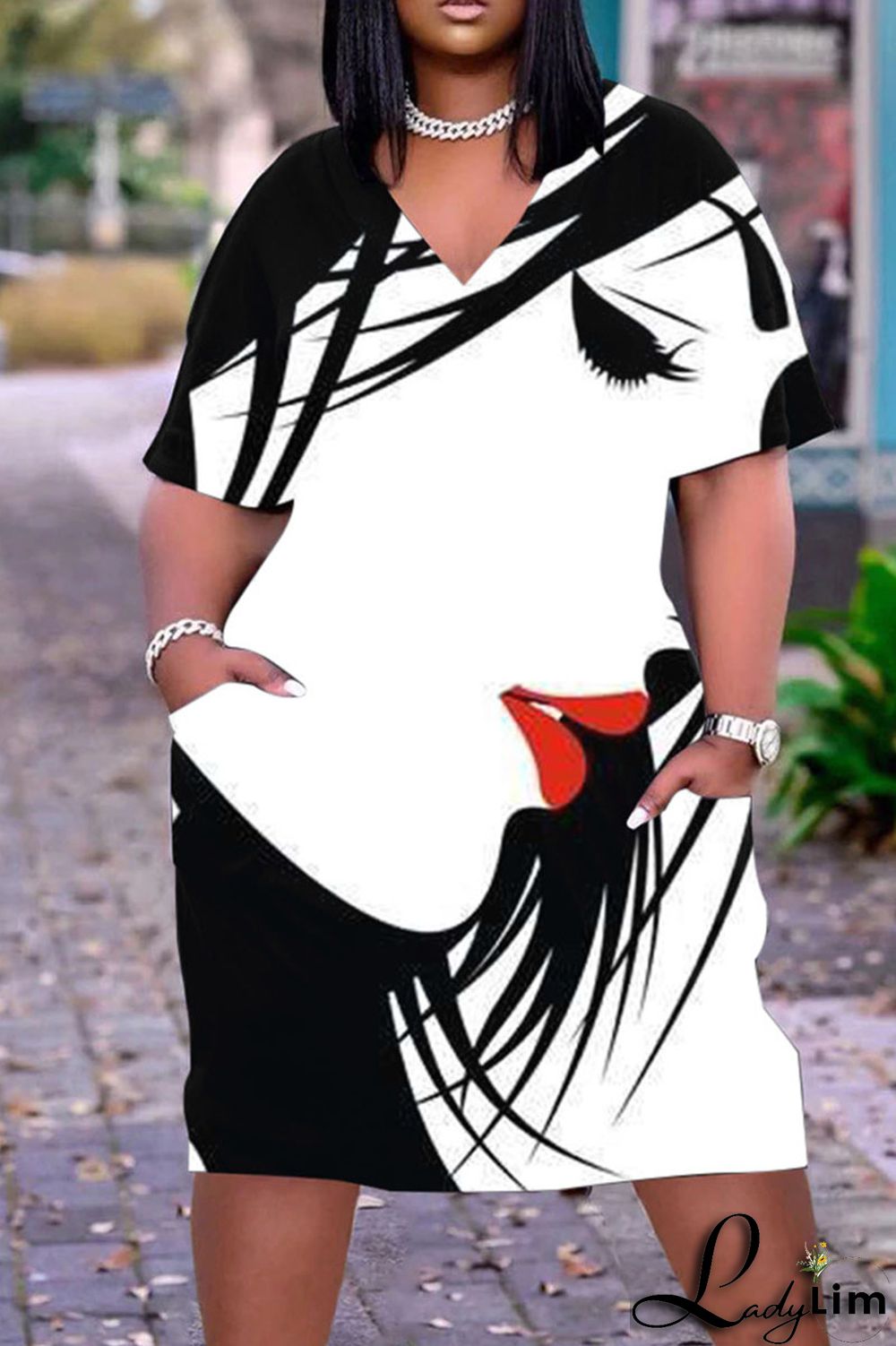 Beige Casual Street Print Patchwork V Neck Straight Dresses