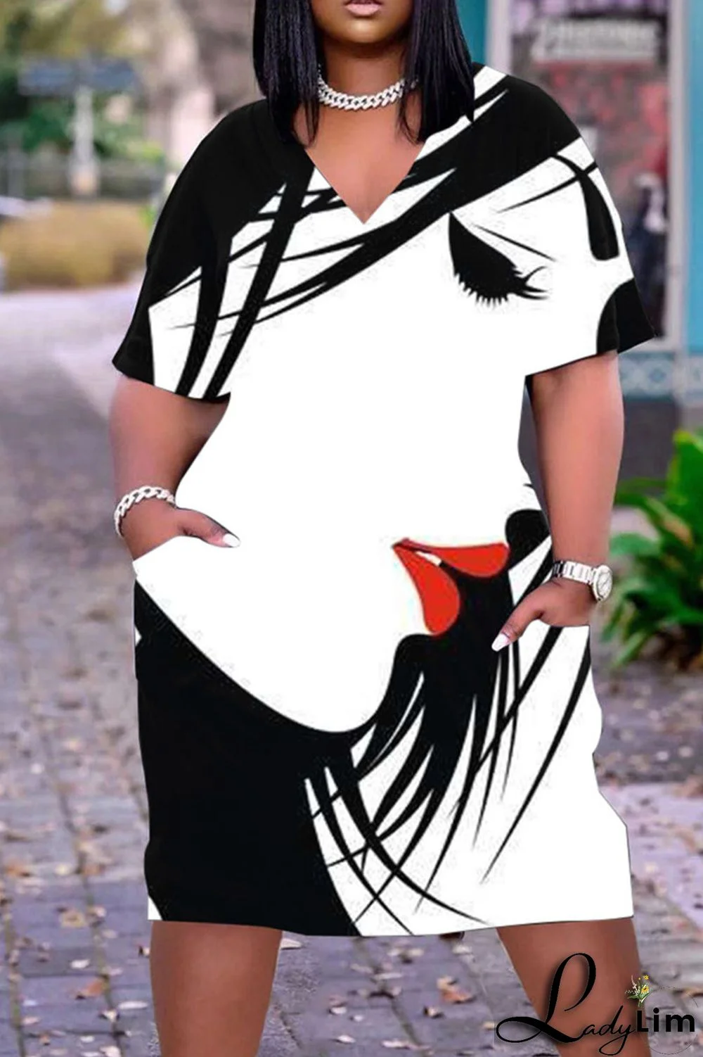 Beige Casual Street Print Patchwork V Neck Straight Dresses