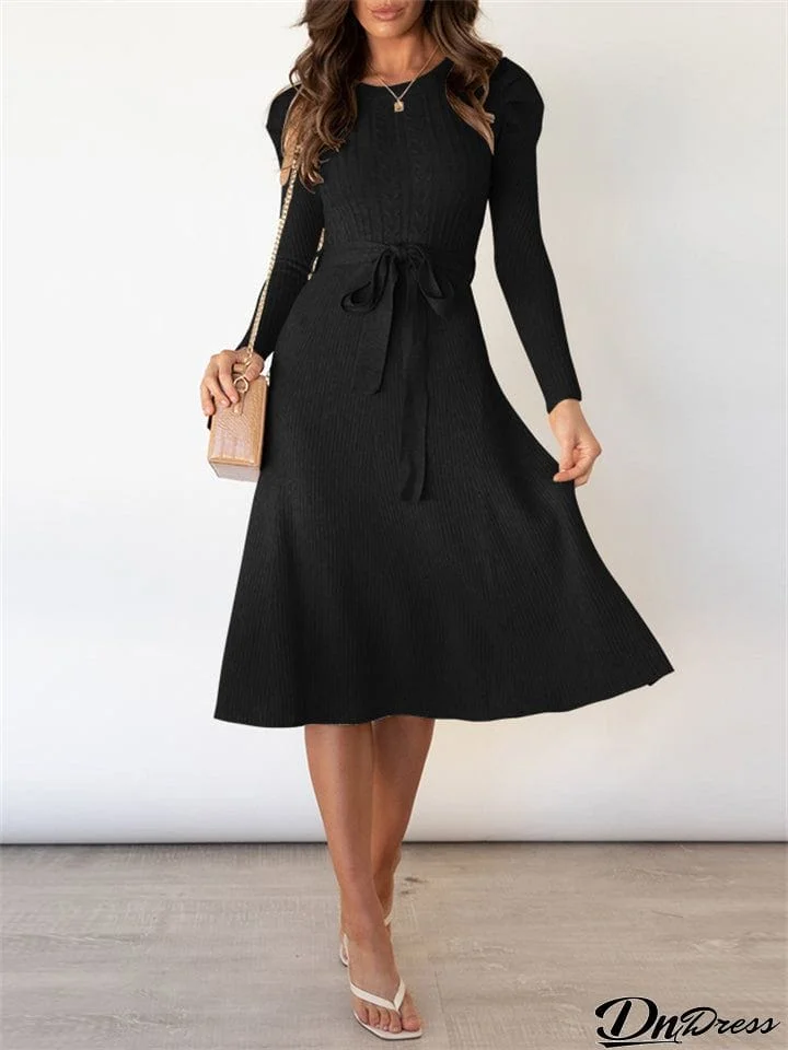 Autumn Winter Knit Solid Midium Length Slim Classy Stylish Ladies Dresses