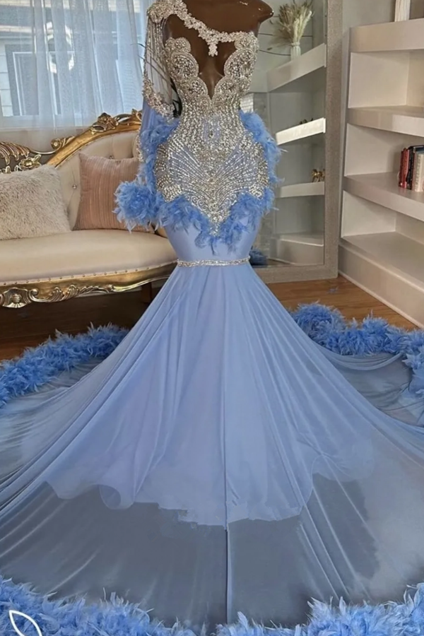 Stunning Dusty Blue One Shoulder Long Sleeve Prom Dress Mermaid Long With Beadings Feathers - lulusllly