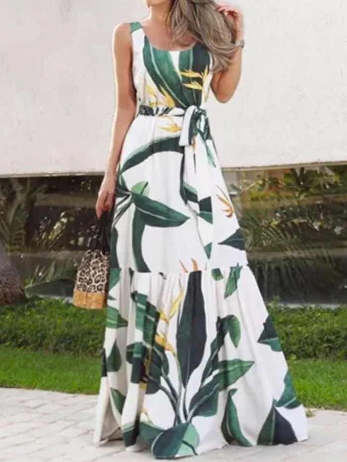 Asian green printed bouquet waist big hem long skirt sleeveless dress