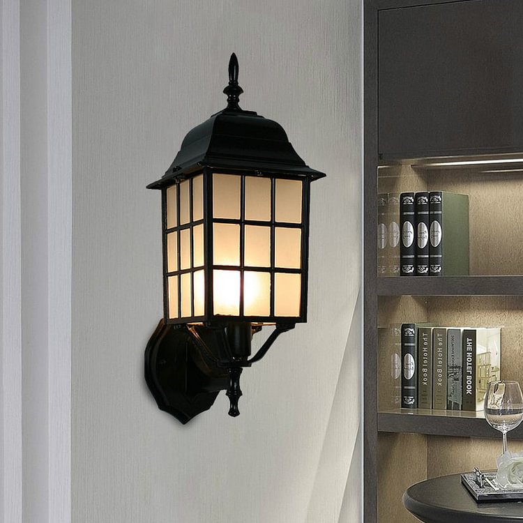 1-Head Sconce Countryside Grid Shape Aluminum Wall Mounted Light with Frosted Glass Shade in Black