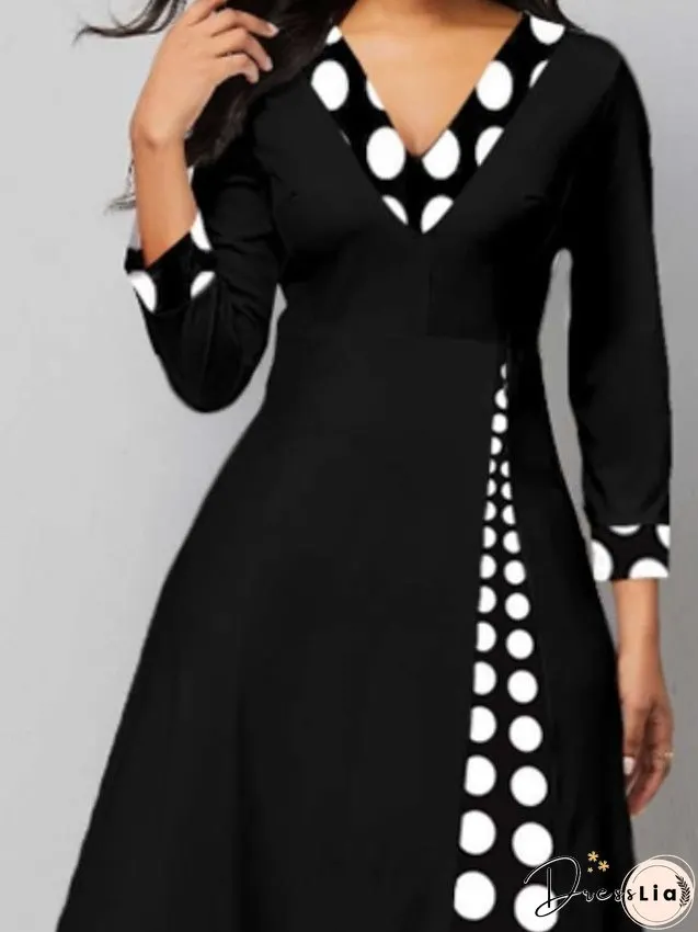 Women's Dress - Casual Dress Work Dress Church Dress Midi Dress Black 3/4 Length Sleeve Polka Dot Ruched Winter Fall Spring V Neck Modern Winter Dress Office Daily S M L XL XXL