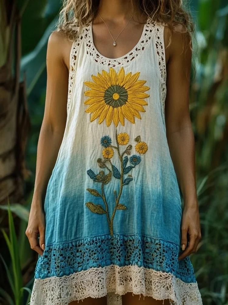 VChics Boho Sunflower Embroidered Lace Patchwork Linen Mini Dress