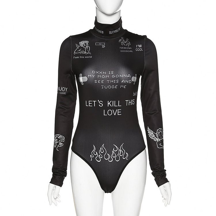 Long Sleeve Fashion Embroidery Letter Printed Sexy Bodysuit