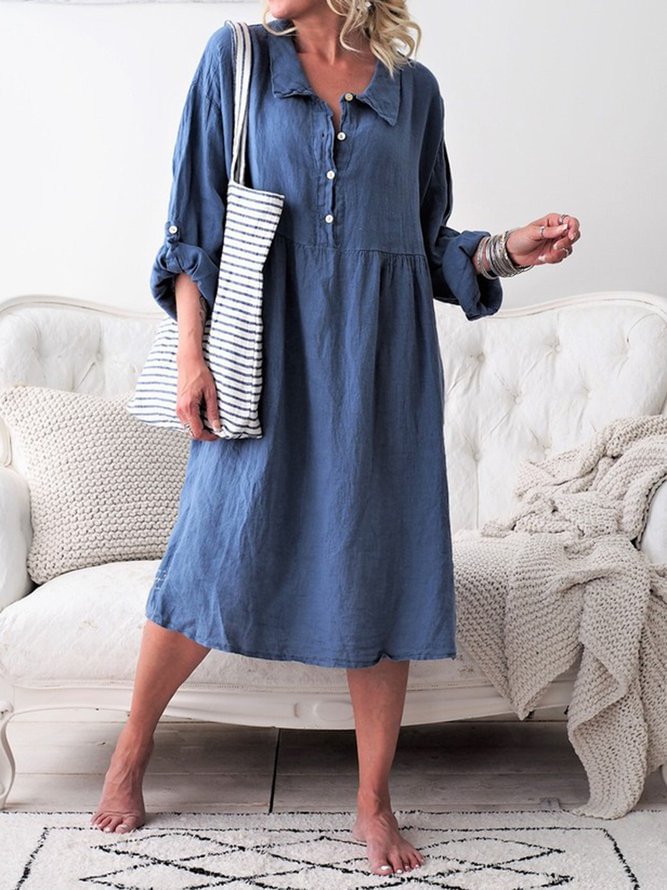 Basic Long Sleeve Shirt Collar Buttoned Dresses Zaesvini