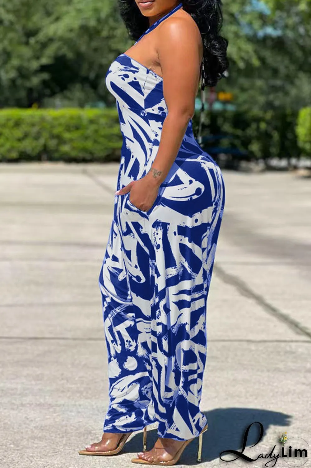 Blue Fashion Sexy Casual Print Backless Strapless Regular Jumpsuits