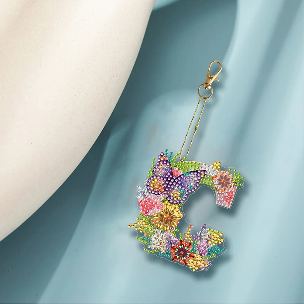 DIY C Diamond Art Key Rings Lettter Keychain Supplies Gift for Kids(Double Sided)