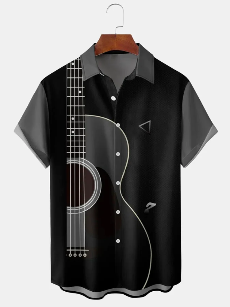 BrosWear Men'S Music Guitar Print Loose Casual Shirt