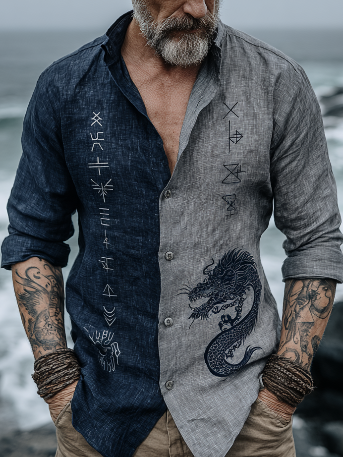 Men's Viking-Inspired Rune Dragon Two-Tone Linen Long Sleeve Shirt / Rvogue / Rvogue