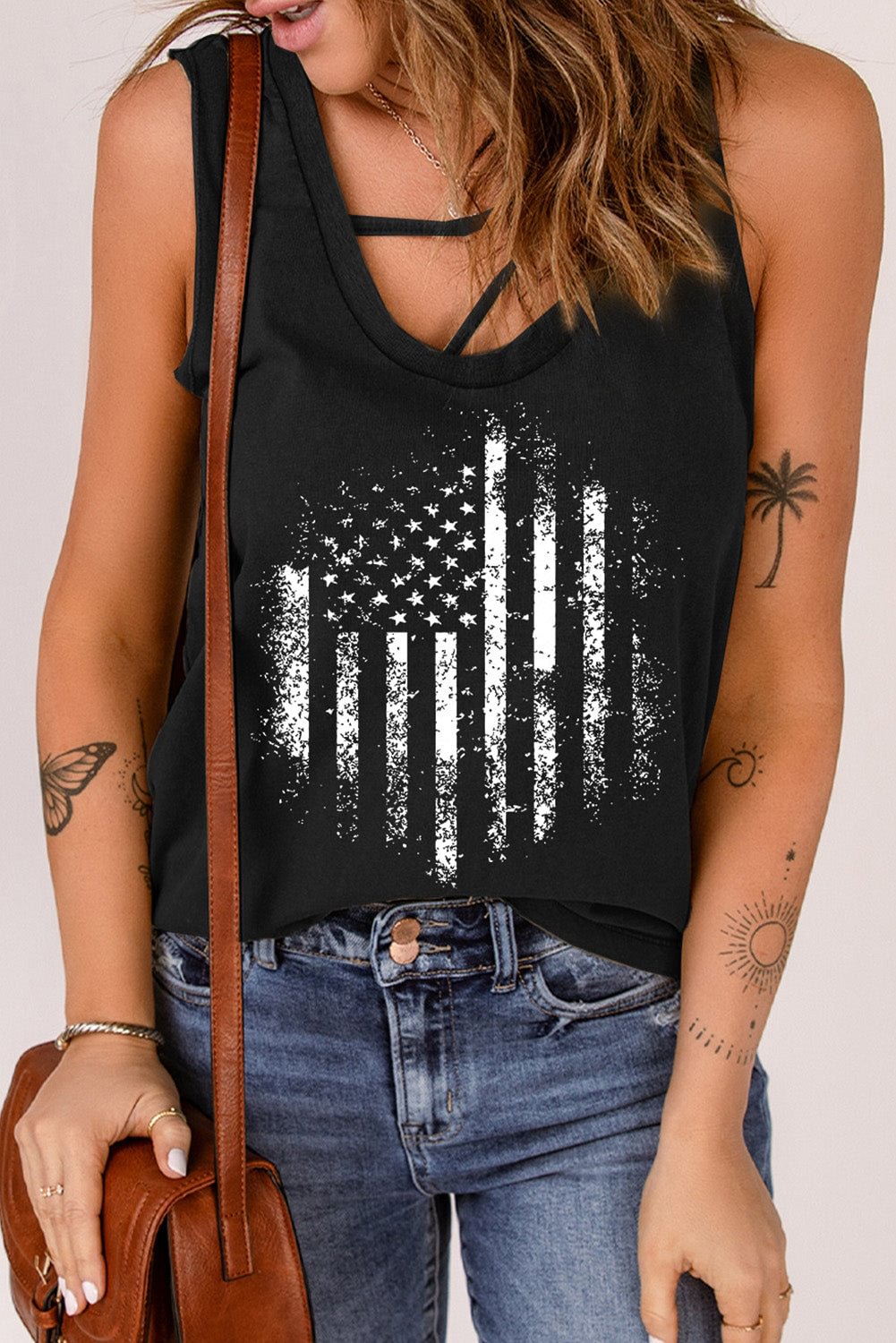 American Flag Print Strappy Graphic Tank Top