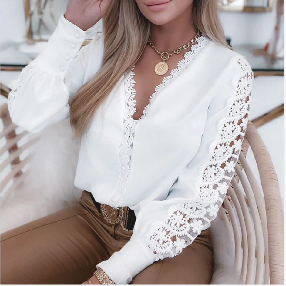 2022 New Elegant Tops and Blouses Women Lace Long Sleeve V Neck Blouse Shirts Blouses Spring Autumn Casual Ladies Tops