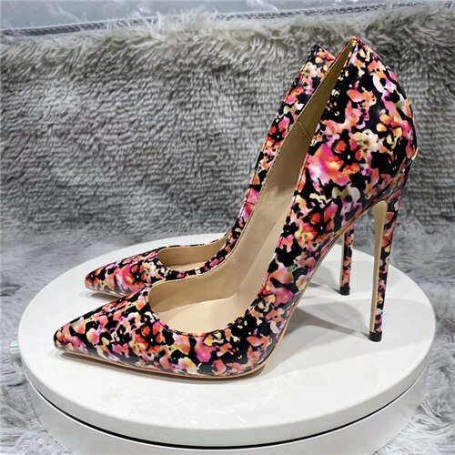 VCshoes Pointed Toe High-heeled Exquisite Printing Single Shoes 12cm High Heel Ladies Party Shoes QP043