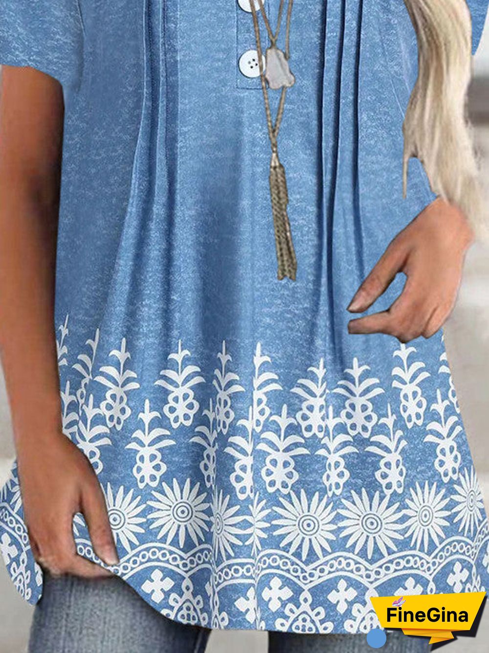 Women Short Sleeve Scoop Neck Floral Printed Button Tops