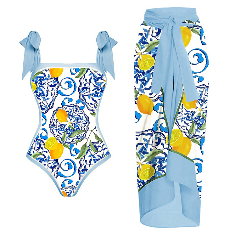 Lemon Print Tie-shoulder One Piece Swimsuit and Sarong Flaxmaker