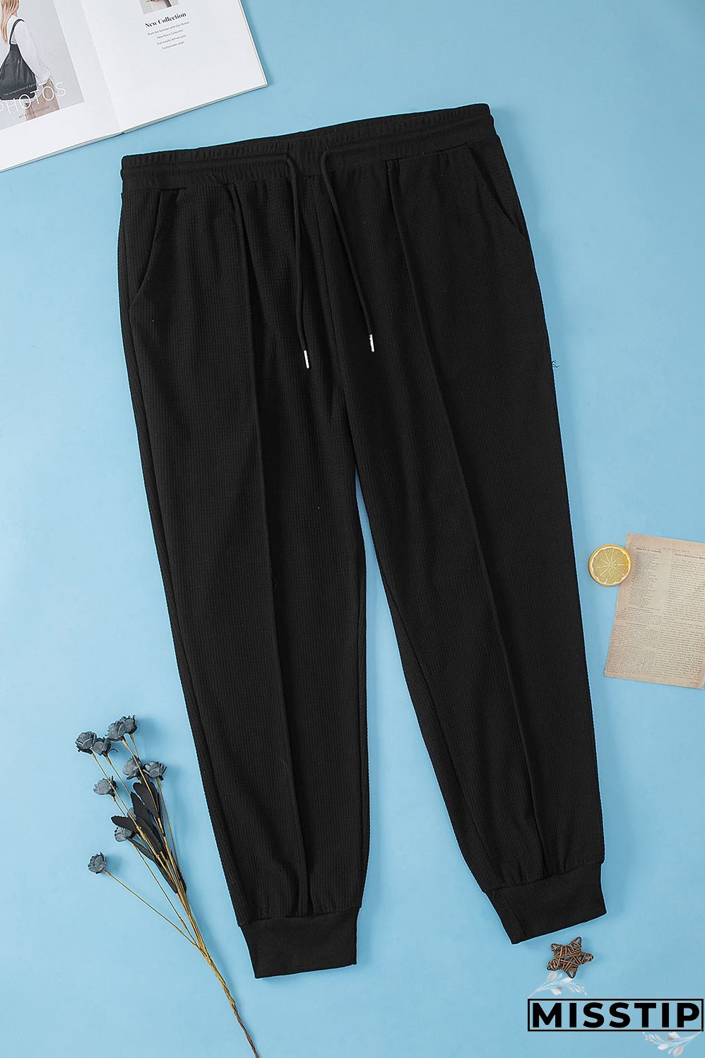Black Plus Size Textured Exposed Seam Drawstring Jogger Pants