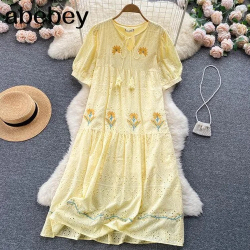Summer Vintage Women Lace Long Dress Elegant V-Neck Short Sleeve High Waist Pleated Vestidos Female Draped Party Maxi Robe New