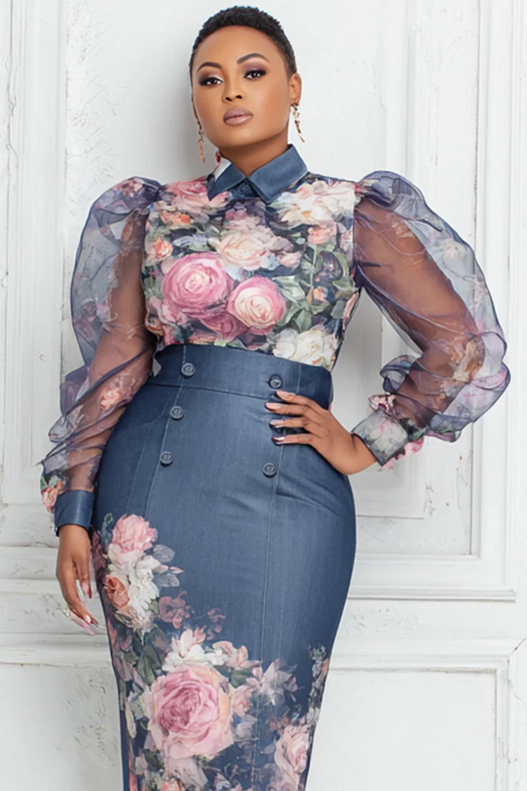 Xpluswear Design Plus Size Semi Formal Blue Floral Shirt Collar Lantern Sleeve Long Sleeve See Through Vintage Bodycon Tulle Two Piece Skirt Sets [Pre-Order]